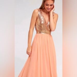 Lulu's Gown Dress Peach Pink Rose Gold Sequin L